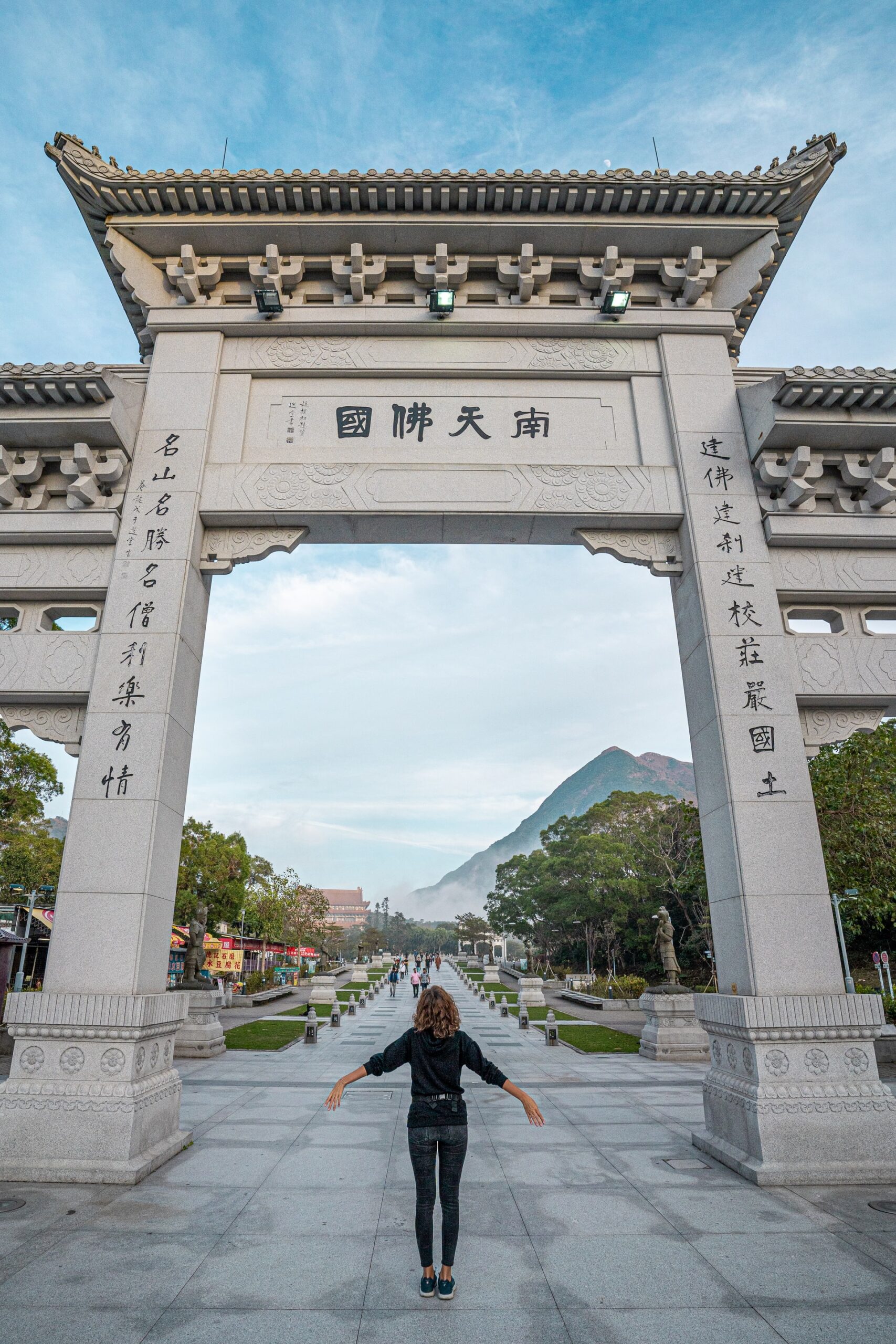 passing under the gate with mountain views in Lantau Island Hong Kong
